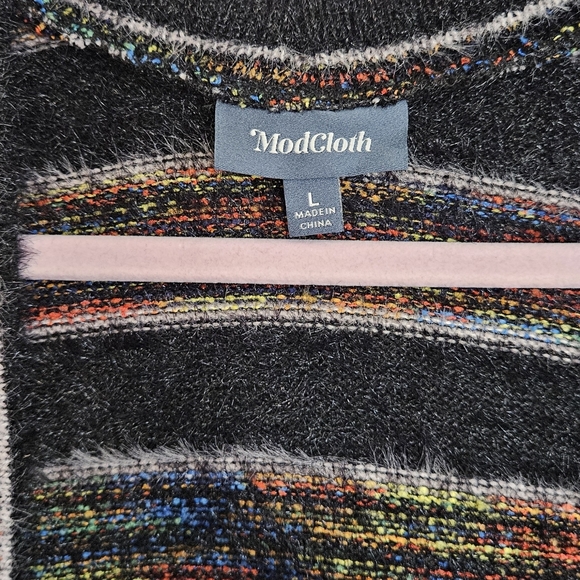 Modcloth Color and Character Fuzzy Cardigan Black and Rainbow Striped Large - Picture 8 of 9